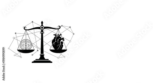 Conceptual balance of human brain and heart on weighing scales.
