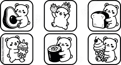Cute bear holding avocado strawberry bread bubble tea sushi and ice cream vector art black and white line art