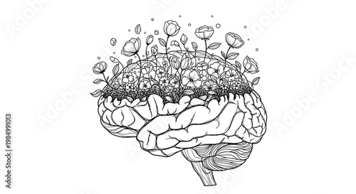 Human brain sketch with blooming flowers growing out of it.