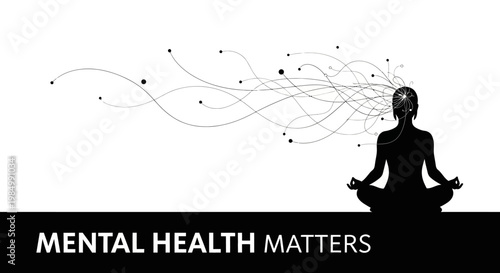 Silhouette of a person meditating with abstract lines representing mental health.