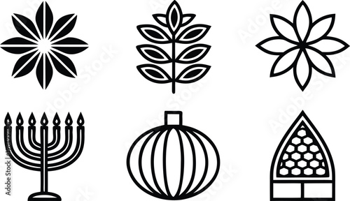 Black and white holiday with cultural symbols and geometric shapes