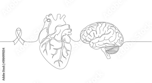 Continuous line drawing of human heart brain and awareness ribbon.