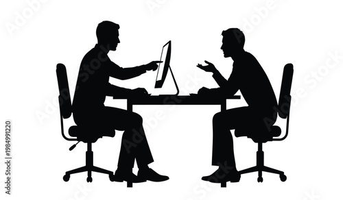 Two men are depicted in a business discussion one typing on a computer while the other gestures emphatically appearing as a silhouette high quality