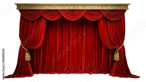 Foto Luxurious red velvet theater curtains with gold ornate trim, isolated on transpa