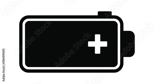 A simple black battery icon with a white plus sign modern silhouette
