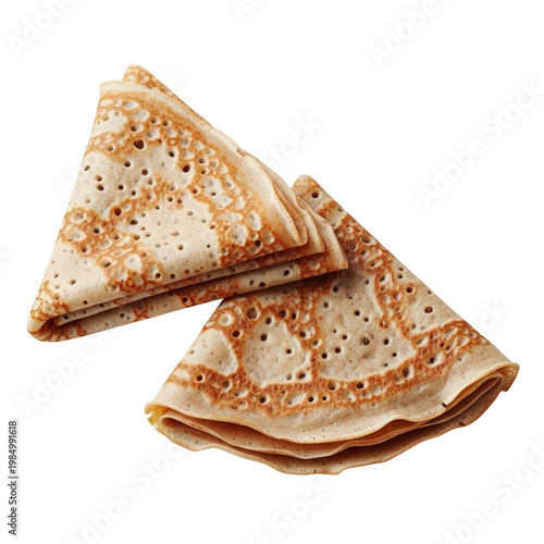 Two thin pancakes, folded homemade crepes, isolated on transparent background. Bakery menu, sweet street food. Dessert recipe, traditional delicate pastry. Breakfast options. Shrove tuesday
