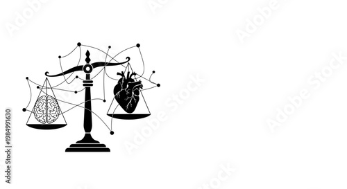 Black silhouette illustration of a scale balancing a human brain and heart.