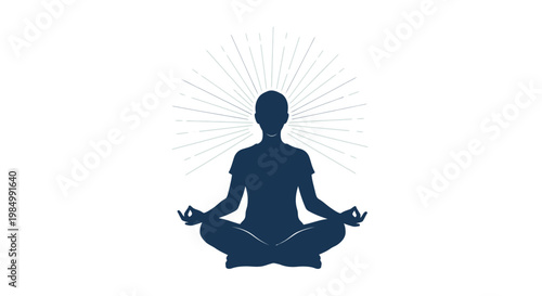 Silhouette of a person meditating in a lotus position with radiant energy lines.
