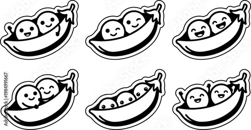 Black and white cartoon smiling peas in pod vector art collection
