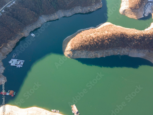 Aerial winter view of Vacha Reservoir, Bulgaria