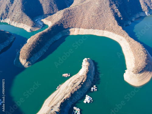 Aerial winter view of Vacha Reservoir, Bulgaria