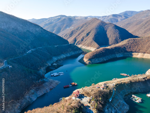 Aerial winter view of Vacha Reservoir, Bulgaria