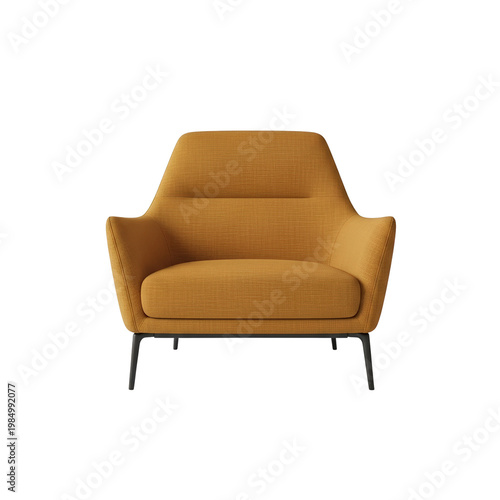 Modern lounge chair in ochre color fabric, isolated on transparent background. Cozy modern furniture, interior design. Choice of color for upholstery fabric