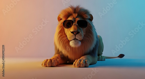 A majestic lion wearing sunglasses, lying down on a plain surface, illuminated by warm and cool contrasting lights, conveying a cool and confident vibe.