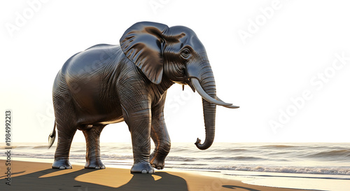 A metallic elephant with detailed tusks walks on a sandy beach at sunrise, gentle waves lapping the shore, atmospheric lighting, majestic wildlife, abstract safari concept