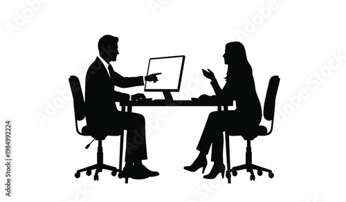A stark silhouette depicts a business meeting between two professionals at a desk showcasing discussion and technology silhouette high quality professional detailed modern elegant