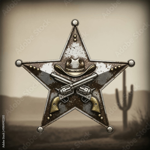 Vintage Sheriff Star Badge with Crossed Revolvers and Cowboy Hat.