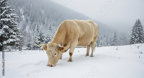 A single beige cow grazing in a snowy field with snow-covered pine trees and a misty mountain in the background, serene winter landscape
