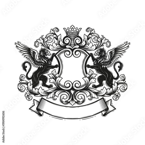 Ornate Heraldic Crest with Winged Lions and Crown.