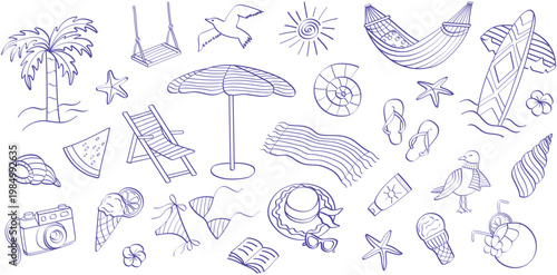Hand drawn summer beach icons set in outline style with tropical elements. Perfect for branding, social media, packaging, and seasonal designs