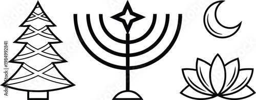 Black and white holiday tree menorah dreidel and star