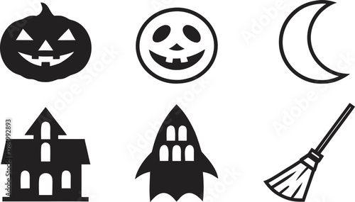A spooky Halloween icon set featuring pumpkins ghosts bats witches cats and other cartoon style symbols in a dark festive design