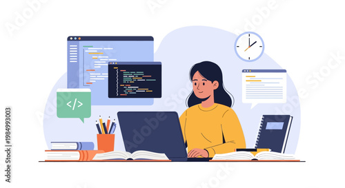 woman working on computer with coding and design elements around her.