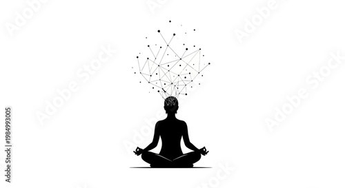 Silhouette of a person in a meditative lotus position with a digital neural network emerging from their head.