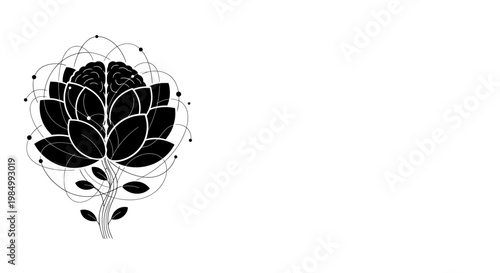 Stylized floral brain icon with circular orbital lines on white background.