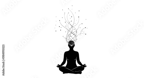 Black silhouette of a person meditating with chaotic energy lines emanating from the head.
