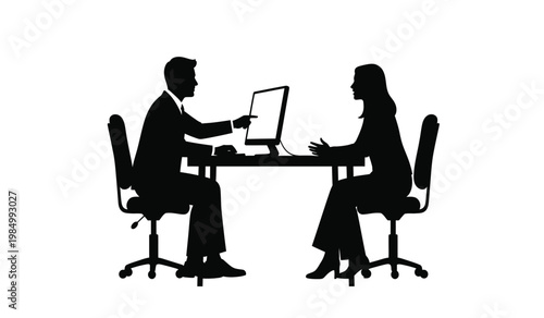 A stark black silhouette depicts a job interview scene with a recruiter and candidate facing each other a modern office setting silhouette high quality