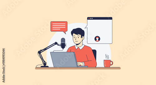 A man with a microphone and laptop recording a podcast or online broadcast from his desk.