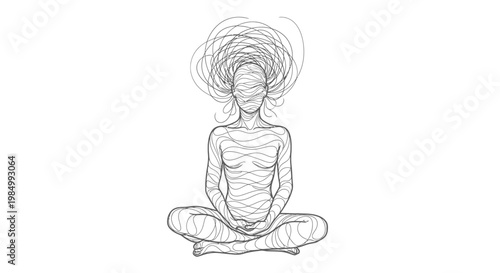 Meditating person with chaotic mind sketch illustration.