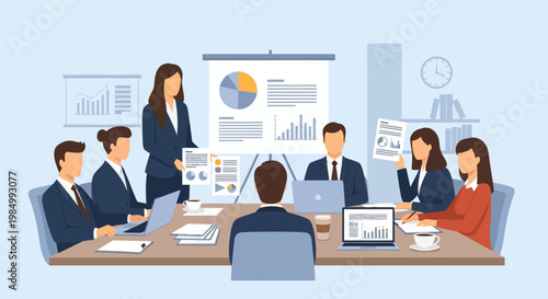 A diverse group of professionals in a modern office setting actively participating in a business meeting, with a presenter at a whiteboard displaying charts and graphs.