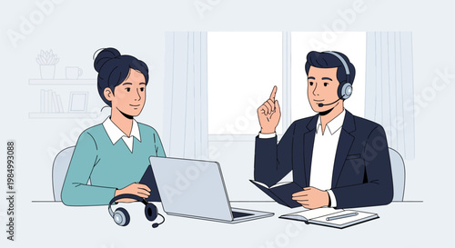 A male customer service representative wearing a headset explains something to a female colleague in an office setting.