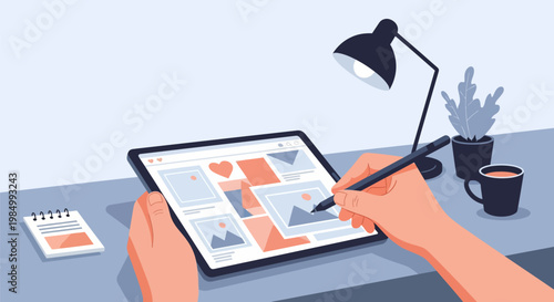 A person's hands holding a tablet and stylus, designing a webpage with images and icons.