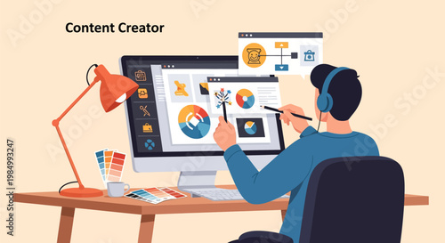 A content creator sits at a desk, working on a computer with design software, surrounded by creative tools like a lamp and color swatches.