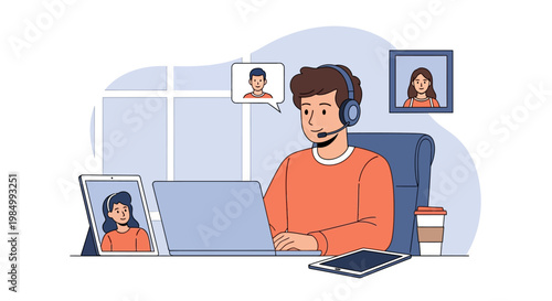 A man wearing a headset is working remotely on his laptop, participating in a video conference with colleagues.