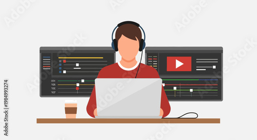 A person wearing headphones sits at a desk with a laptop and a coffee cup, in front of a large monitor displaying video editing software.