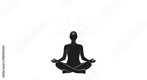 Silhouette of a person meditating in lotus position with third eye chakra activation.