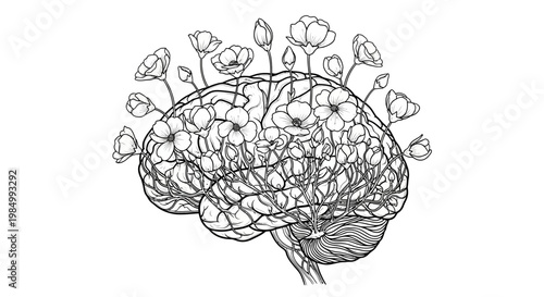 Black and white line art illustration of a human brain blooming with delicate flowers.