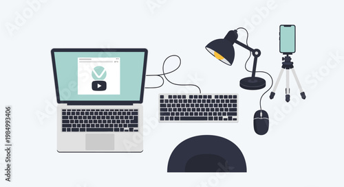 A flat lay of a laptop, keyboard, mouse, ring light, desk lamp, and smartphone on a tripod, suggesting a content creation setup.