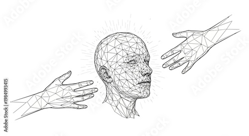 Abstract wireframe human head being reached by digital hands.