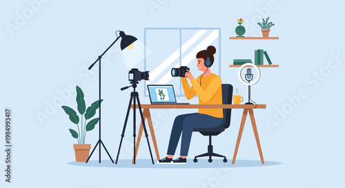 A woman is filming herself with a camera and microphone in a home studio setup, surrounded by professional lighting and plants.