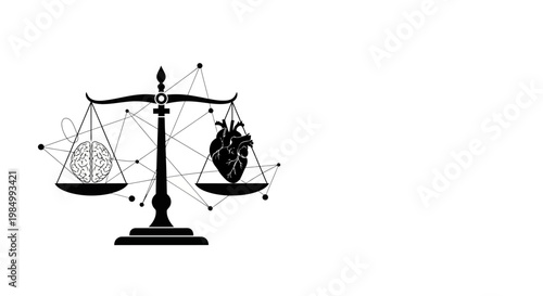 Scales of justice balancing human heart and digital gear icon.