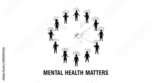 Mental health matters awareness illustration with silhouettes of people in a circle.