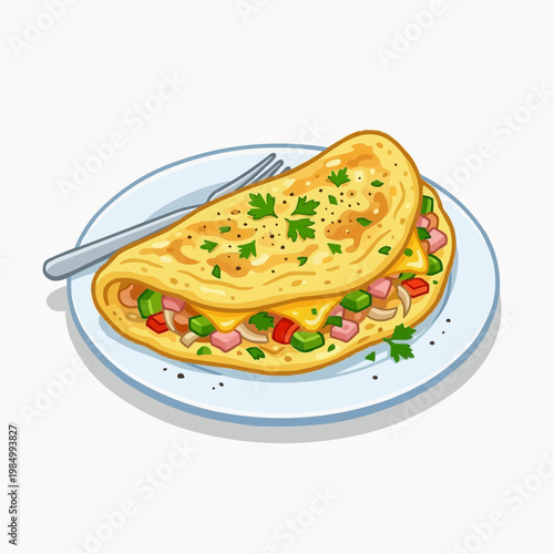 A delicious omelette filled with vegetables and cheese served on a plate with fork.