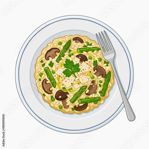 Delicious gourmet risotto with fresh asparagus and mushrooms, a culinary delight. isolated on a white background. PNG