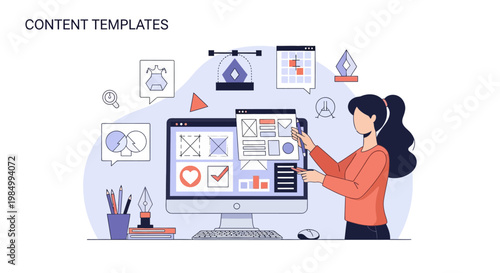 A graphic designer uses a computer to create and manage content templates, showcasing design tools and elements.
