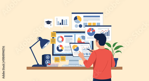 A person analyzing charts and graphs on multiple computer screens, representing data analysis and business intelligence.
